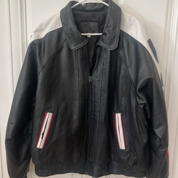 Vintage USA American Flag Black Leather Bomber Jacket Biker Motorcycle size M - Picture 11 of 17